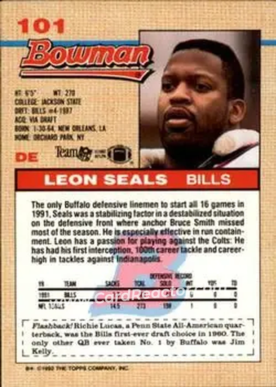 1992 Bowman #101 - Leon Seals - Buffalo Bills - Back