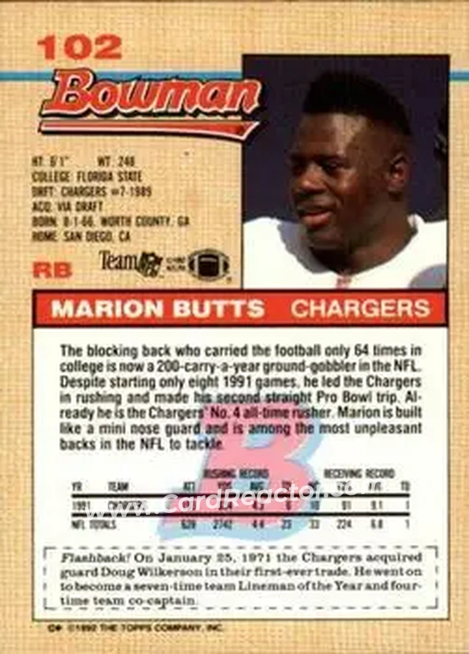 1992 Bowman #102 - Marion Butts - San Diego Chargers - Back