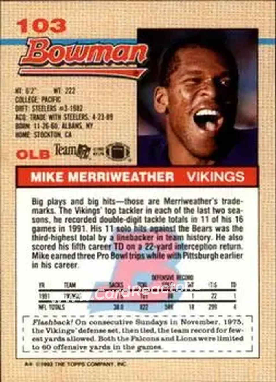 1992 Bowman #103 - Mike Merriweather - Minnesota Vikings - Back