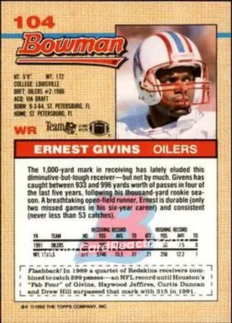 1992 Bowman #104 - Ernest Givins - Houston Oilers - Back