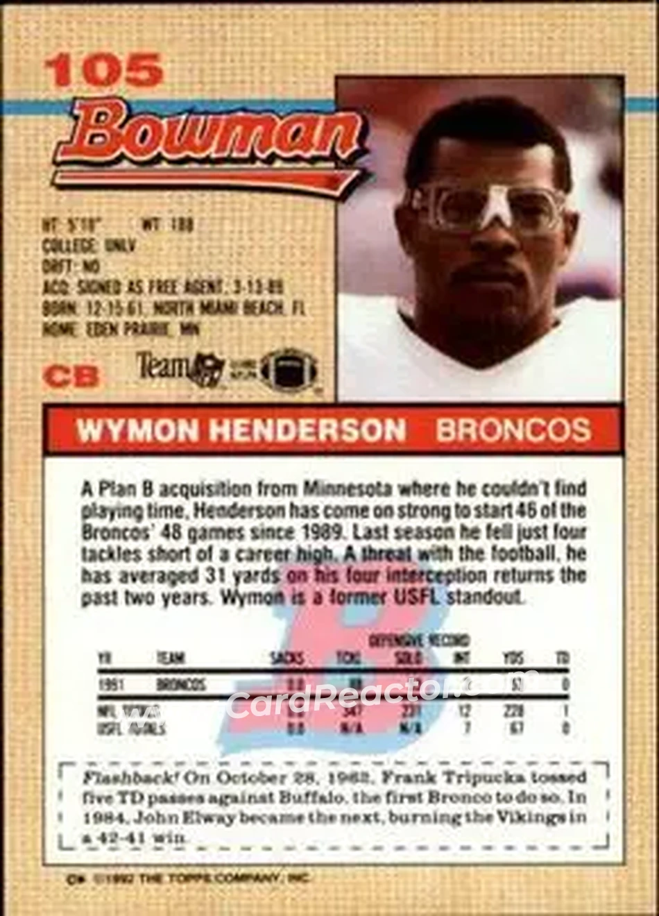 1992 Bowman #105 - Wymon Henderson - Denver Broncos - Back 1992 Bowman #105 - Wymon Henderson - Denver Broncos - Back