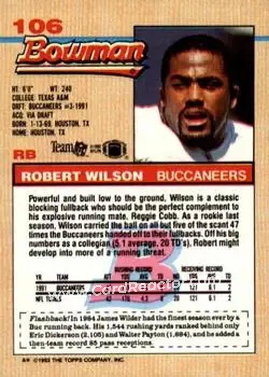 1992 Bowman #106 - Robert Wilson - Tampa Bay Buccaneers - Back