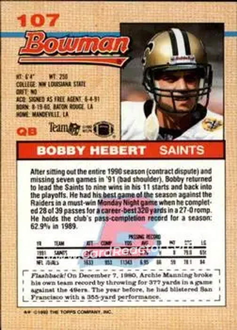 1992 Bowman #107 - Bobby Hebert - New Orleans Saints - Back