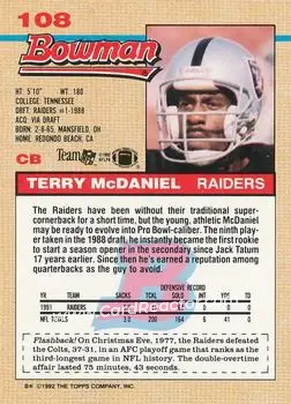 1992 Bowman #108 - Terry McDaniel - Los Angeles Raiders - Back