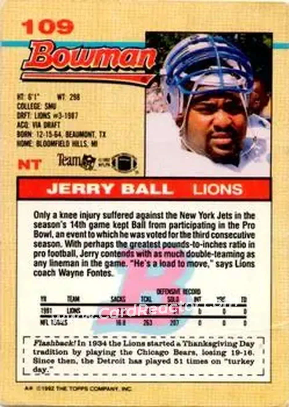 1992 Bowman #109 - Jerry Ball - Detroit Lions - Back 1992 Bowman #109 - Jerry Ball - Detroit Lions - Back