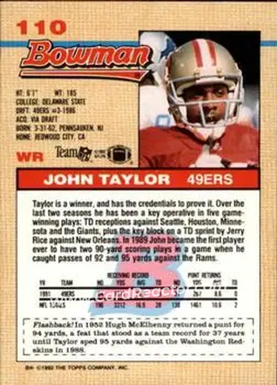 1992 Bowman #110 - John Taylor - San Francisco 49ers - Back