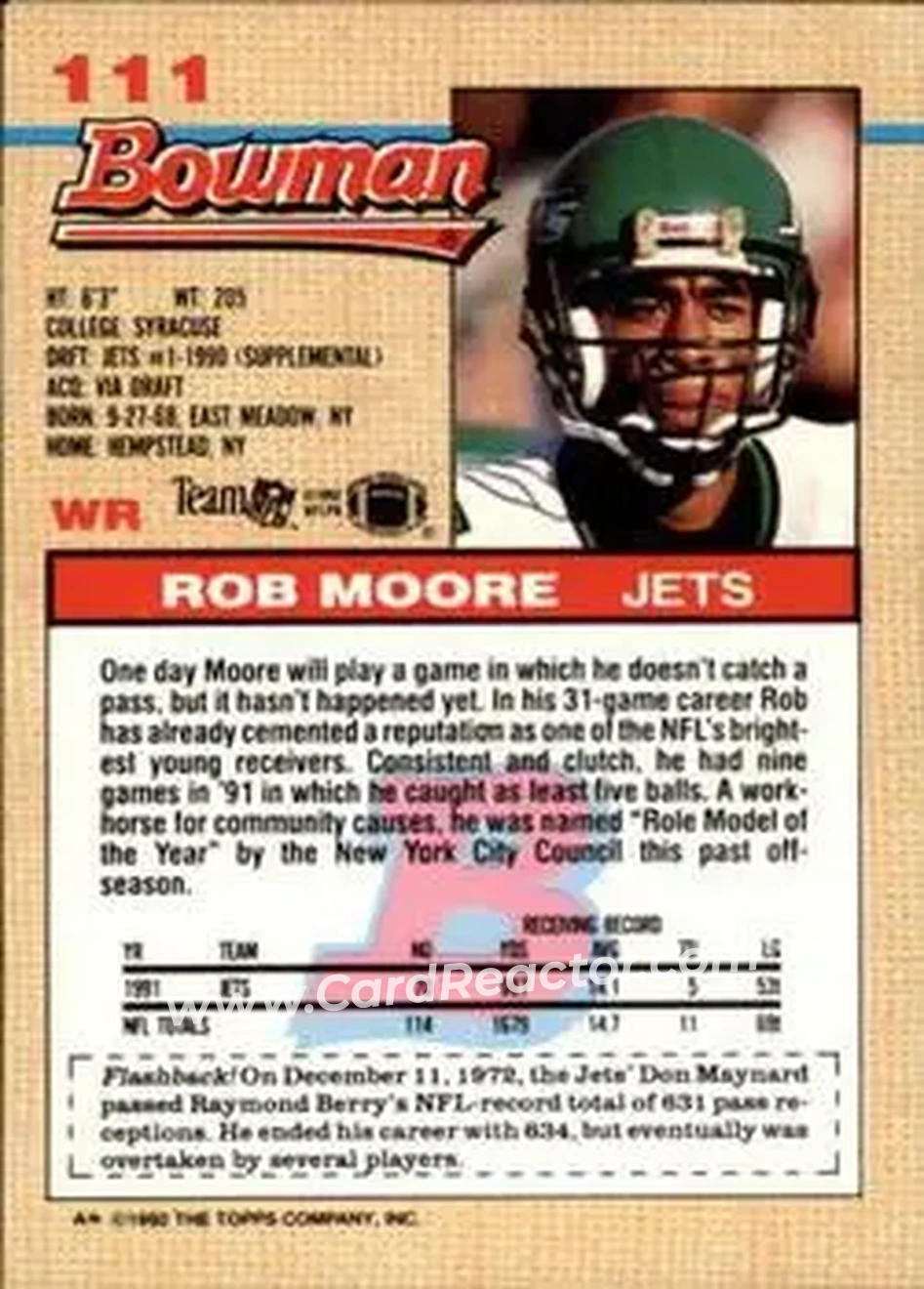 1992 Bowman #111 - Rob Moore - New York Jets - Back