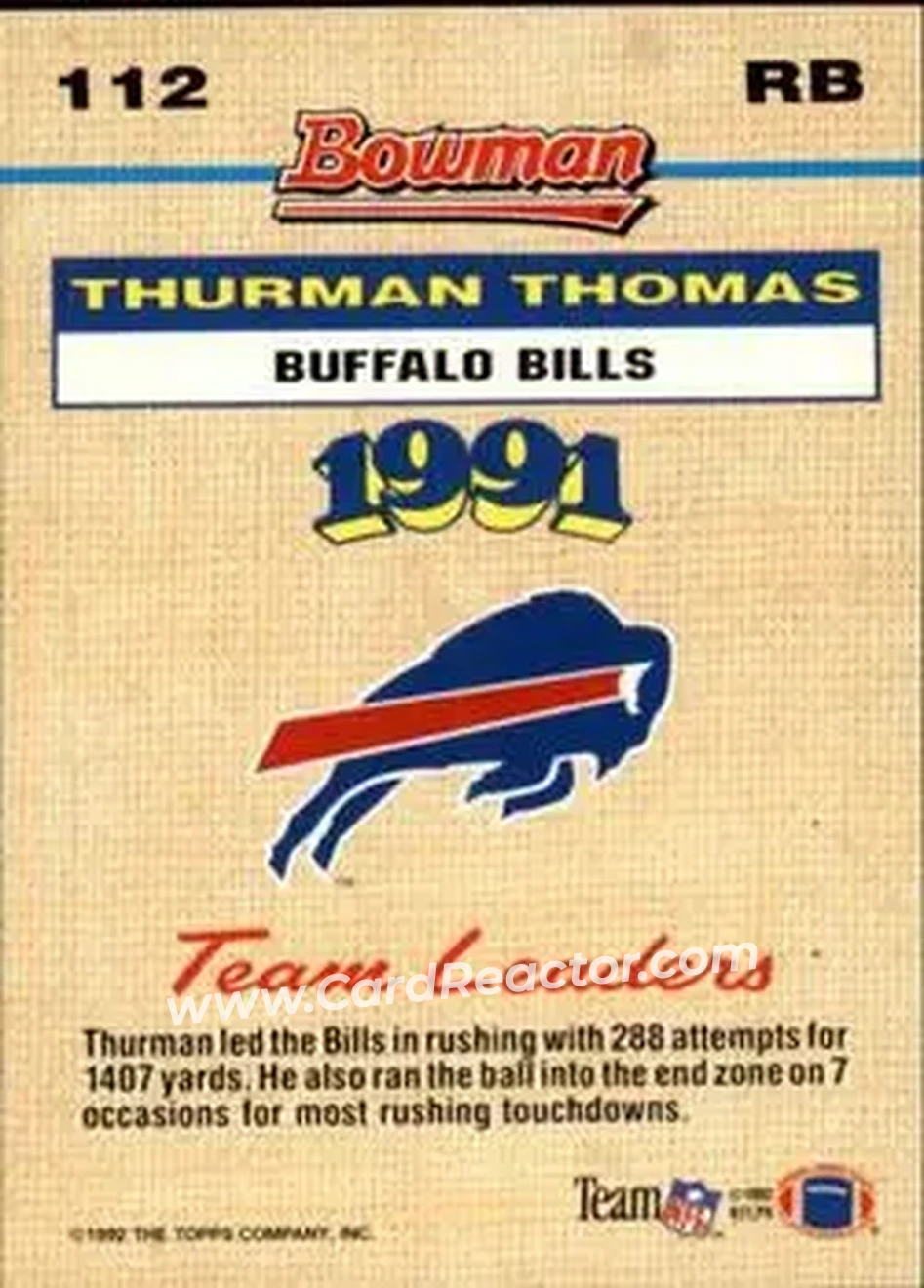 1992 Bowman #112 - Thurman Thomas - Buffalo Bills - Back