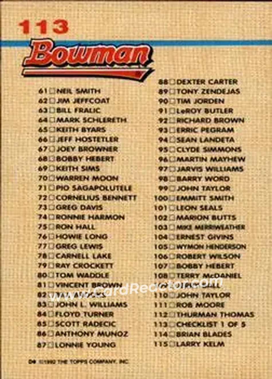 1992 Bowman #113 - 1: 1 115 - Back