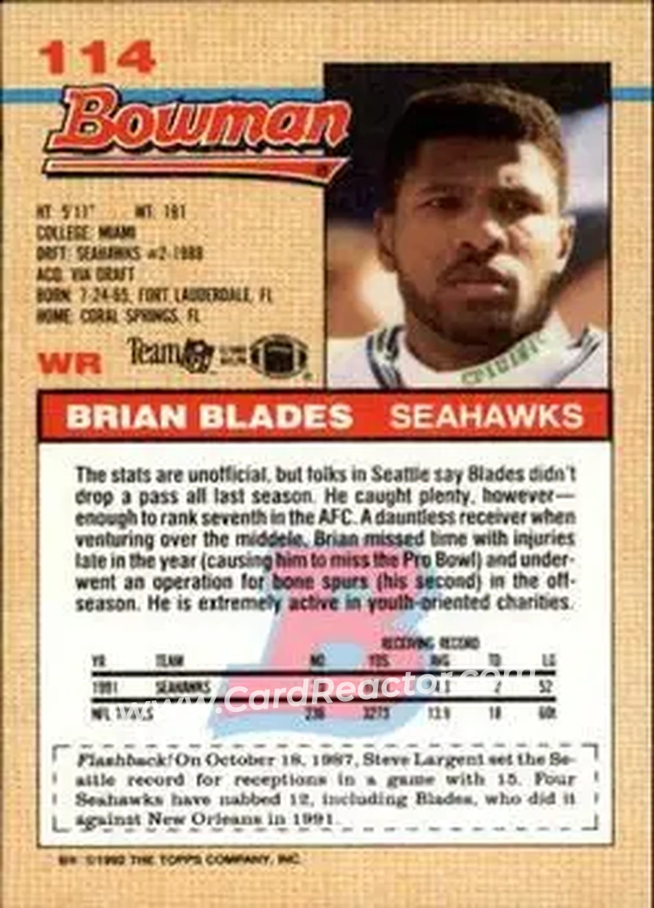 1992 Bowman #114 - Brian Blades - Seattle Seahawks - Back