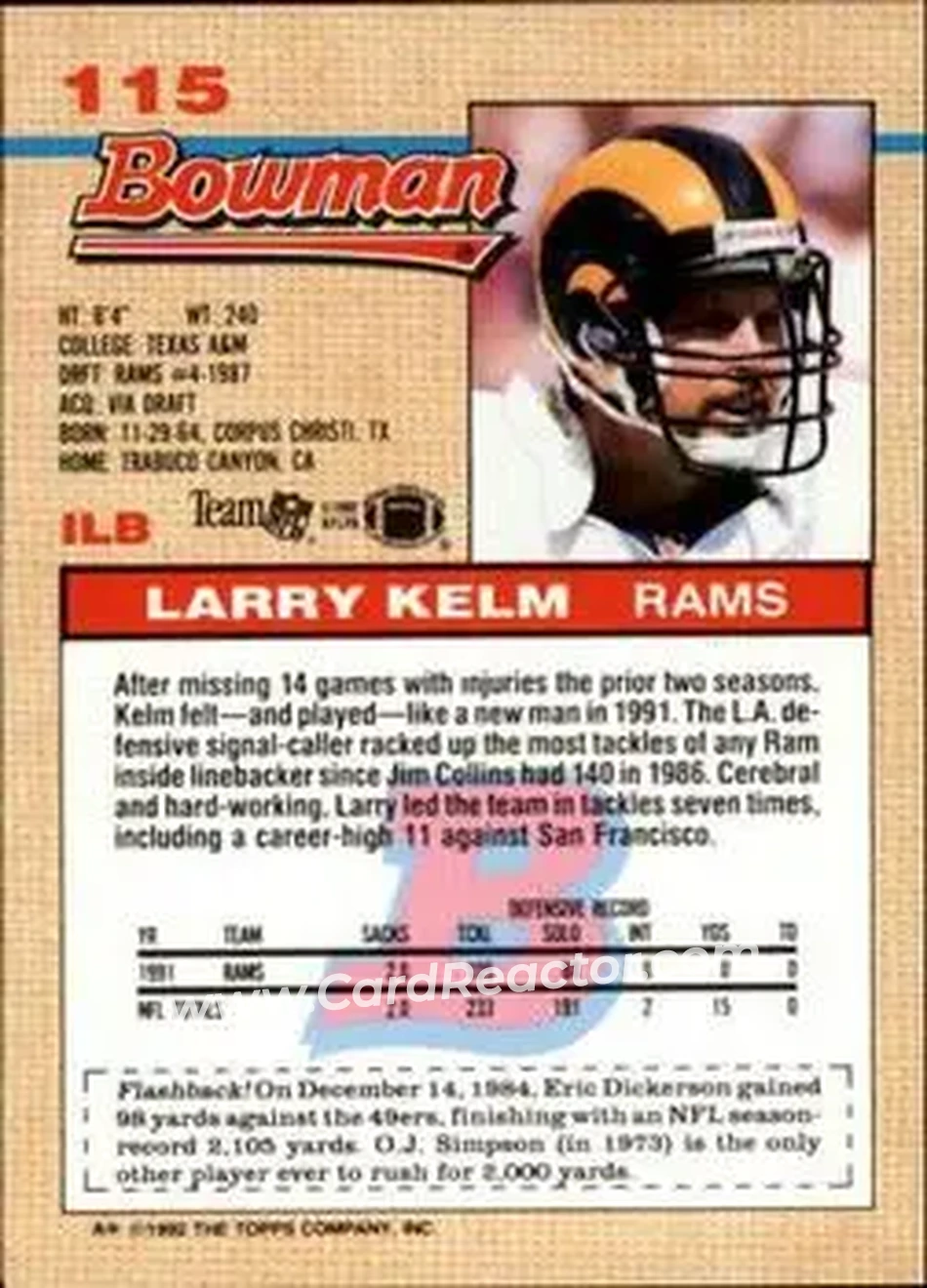 1992 Bowman #115 - Larry Kelm - Los Angeles Rams - Back