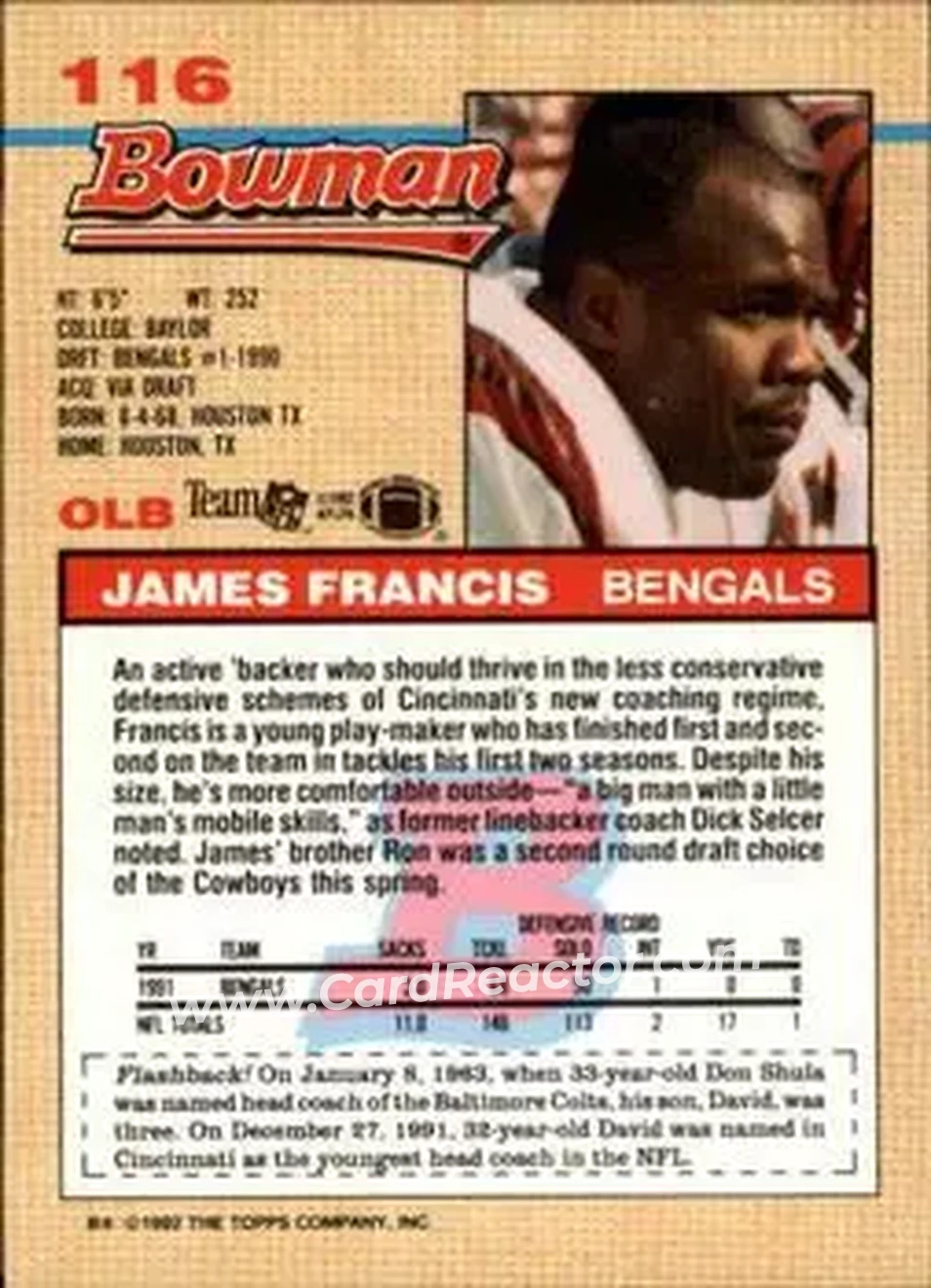 1992 Bowman #116 - James Francis - Cincinnati Bengals - Back
