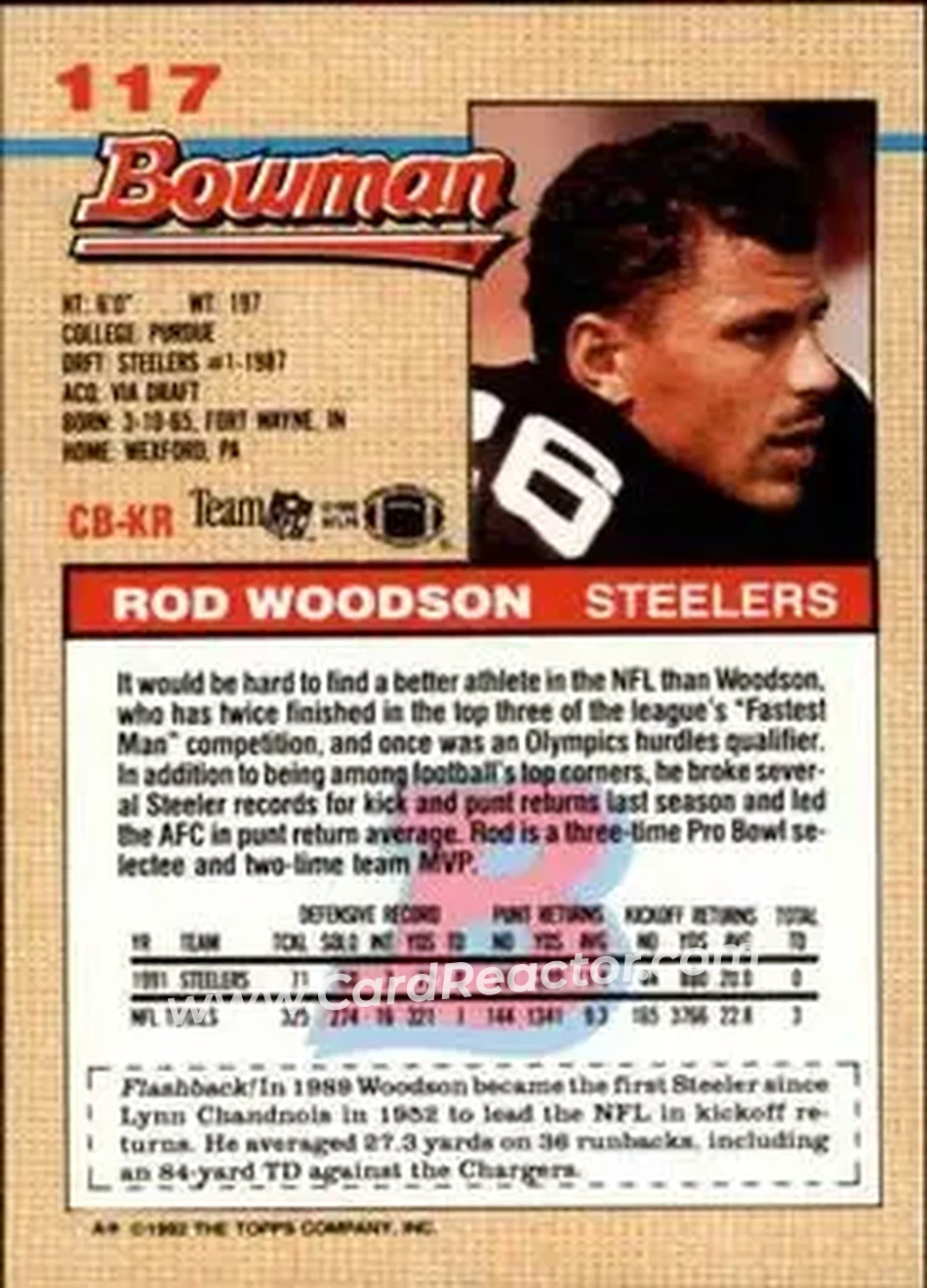 1992 Bowman #117 - Rod Woodson - Pittsburgh Steelers - Back 1992 Bowman #117 - Rod Woodson - Pittsburgh Steelers - Back