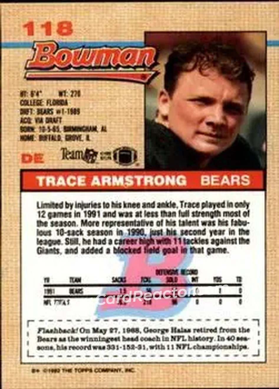 1992 Bowman #118 - Trace Armstrong - Chicago Bears - Back