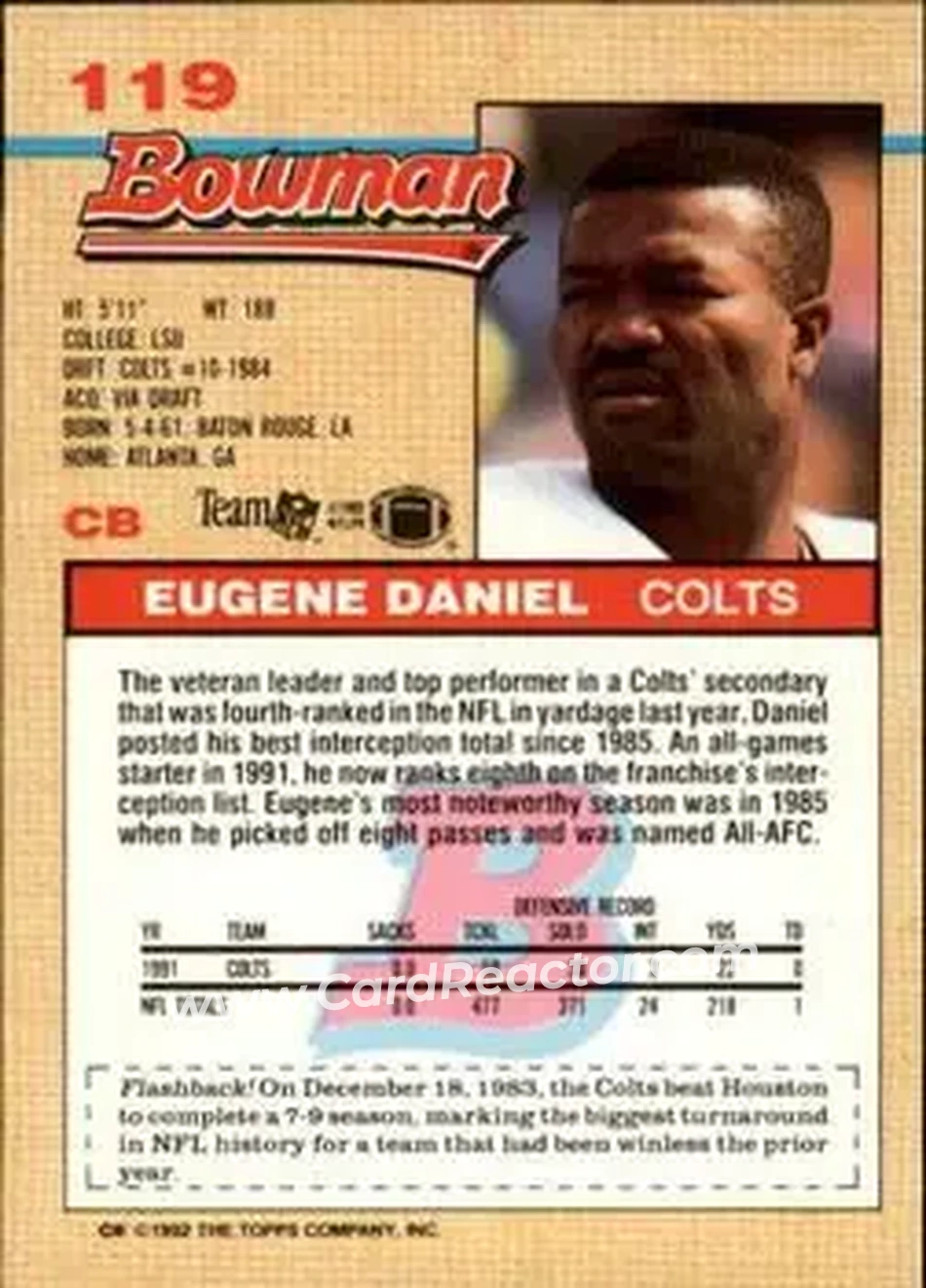 1992 Bowman #119 - Eugene Daniel - Indianapolis Colts - Back