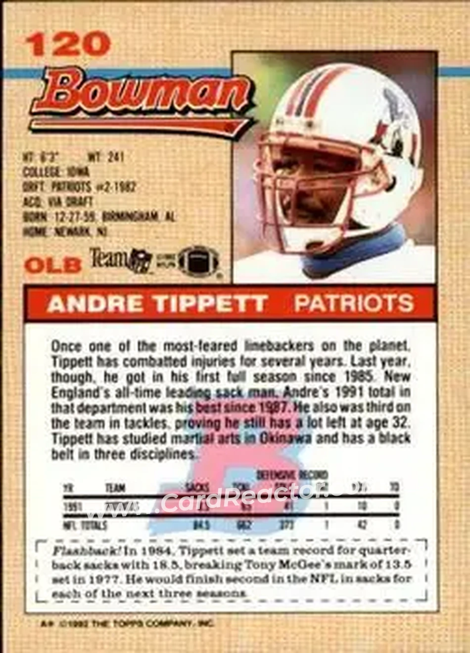 1992 Bowman #120 - Andre Tippett - New England Patriots - Back