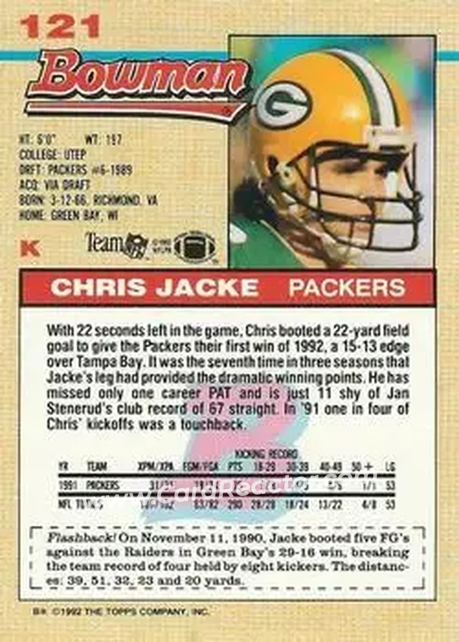 1992 Bowman #121 - Chris Jacke - Green Bay Packers - Back