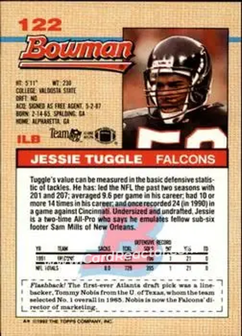 1992 Bowman #122 - Jessie Tuggle - Atlanta Falcons - Back