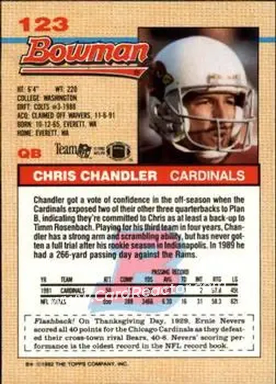 1992 Bowman #123 - Chris Chandler - Phoenix Cardinals - Back