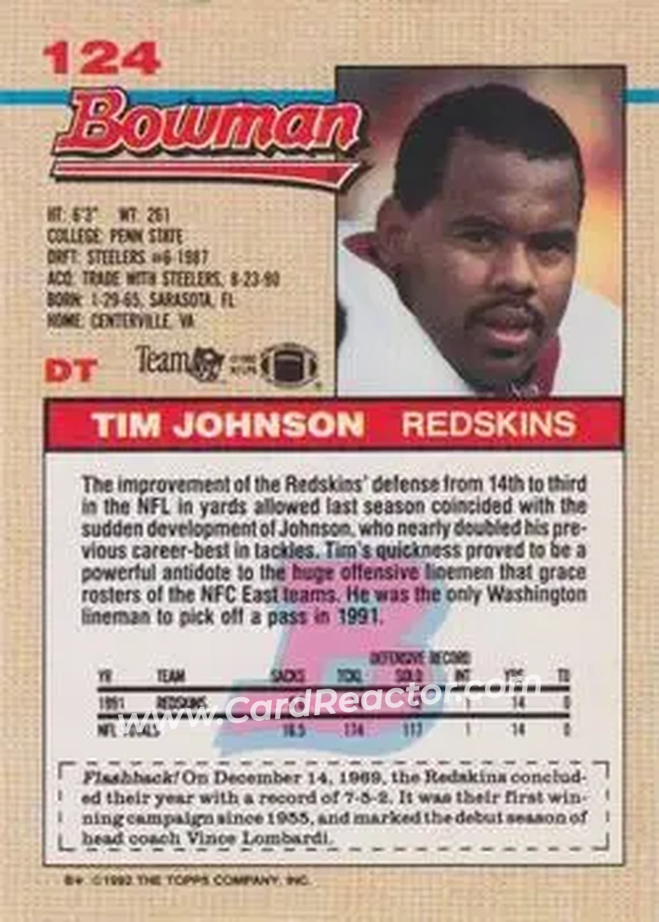 1992 Bowman #124 - Tim Johnson - Washington Redskins - Back