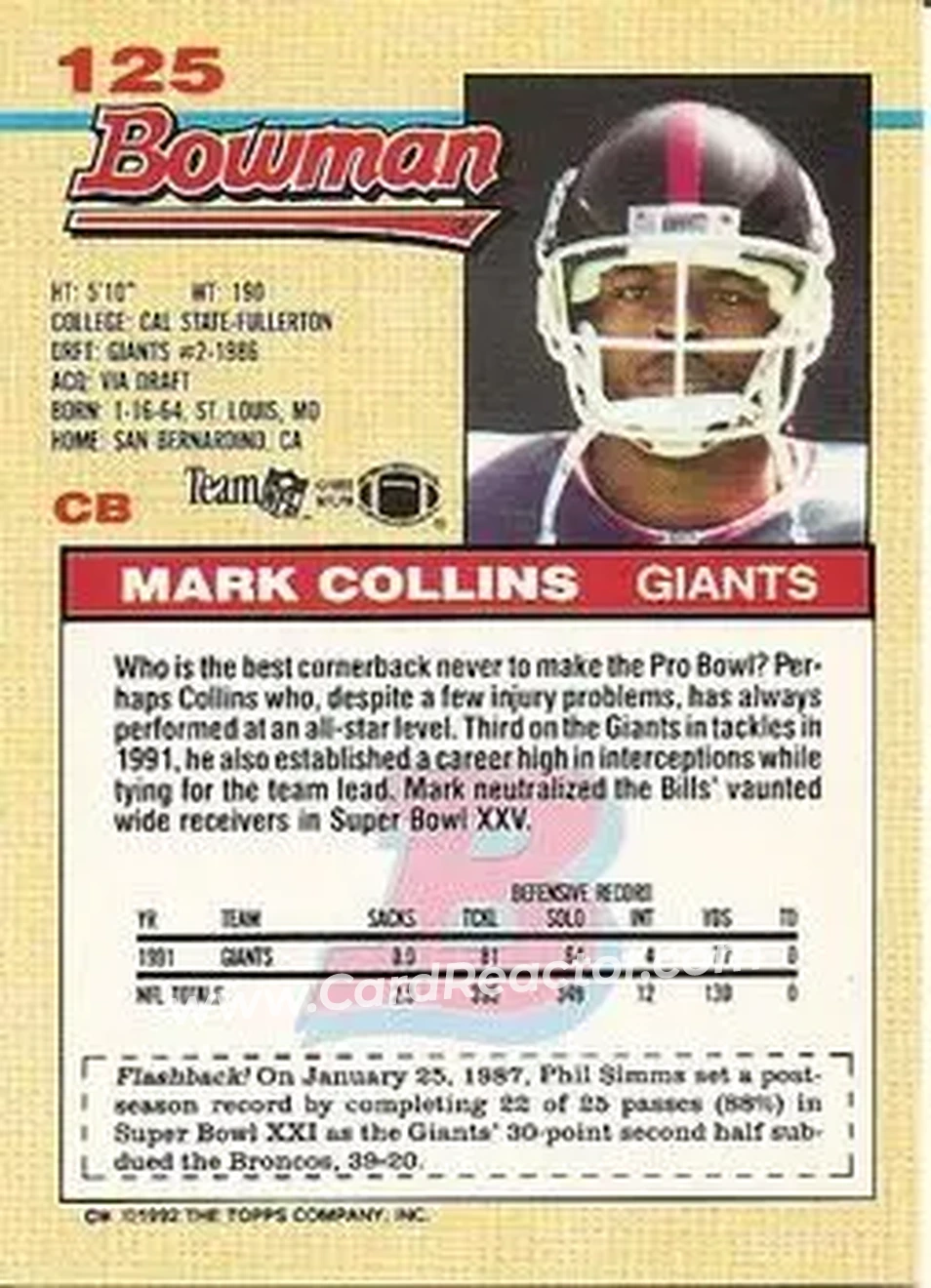 1992 Bowman #125 - Mark Collins - New York Giants - Back
