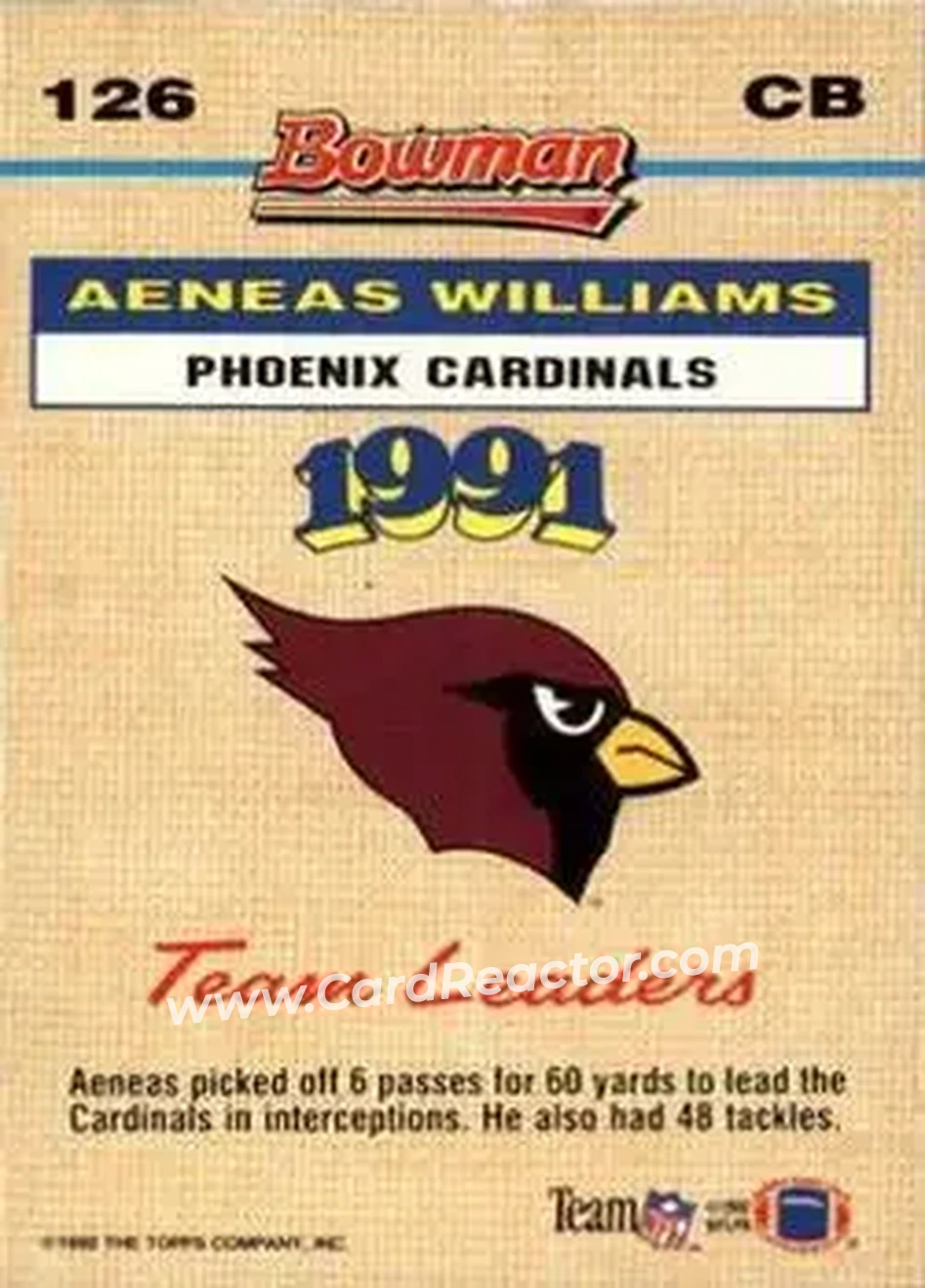 1992 Bowman #126 - Aeneas Williams - Phoenix Cardinals - Back