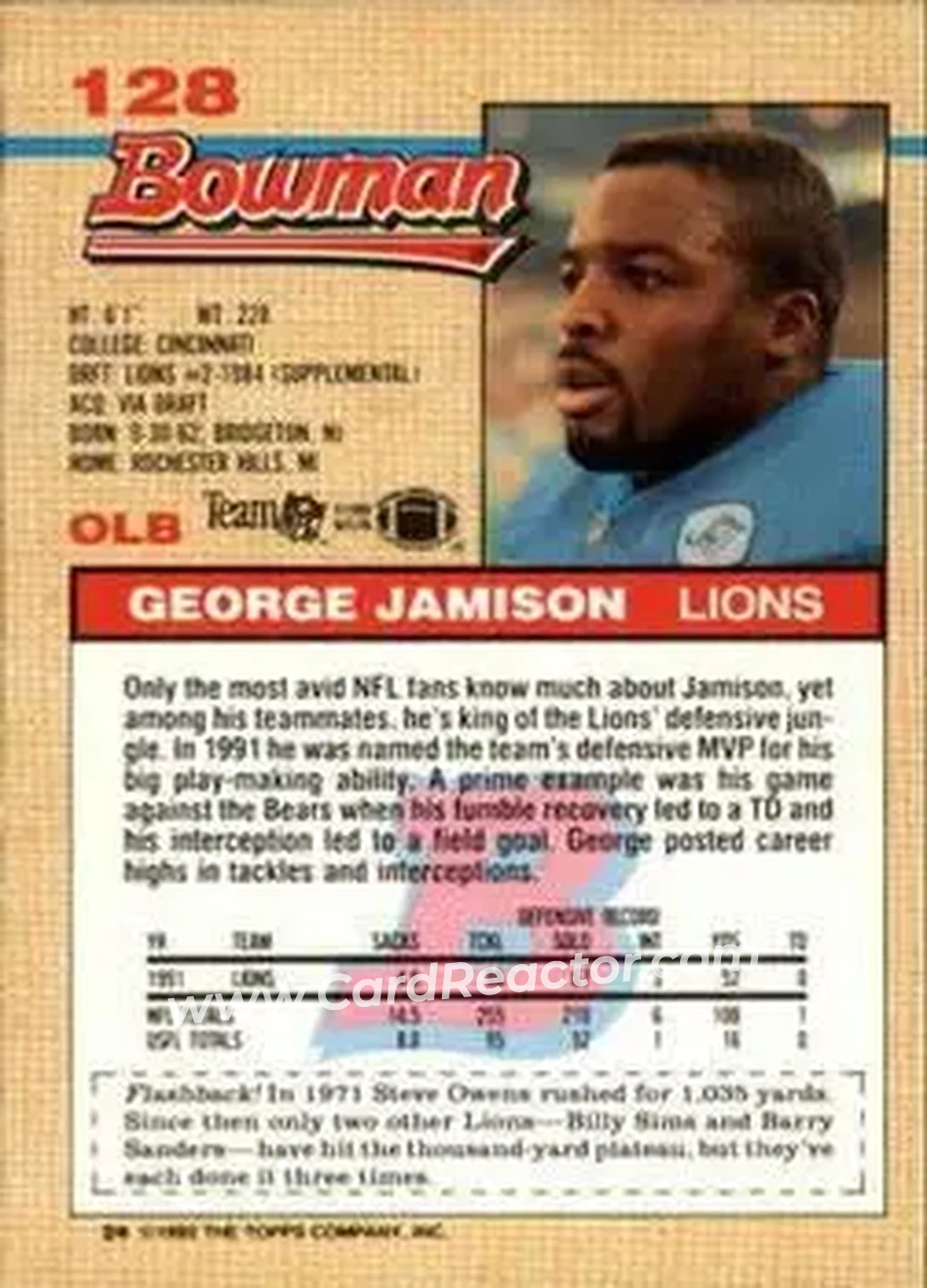 1992 Bowman #128 - George Jamison - Detroit Lions - Back