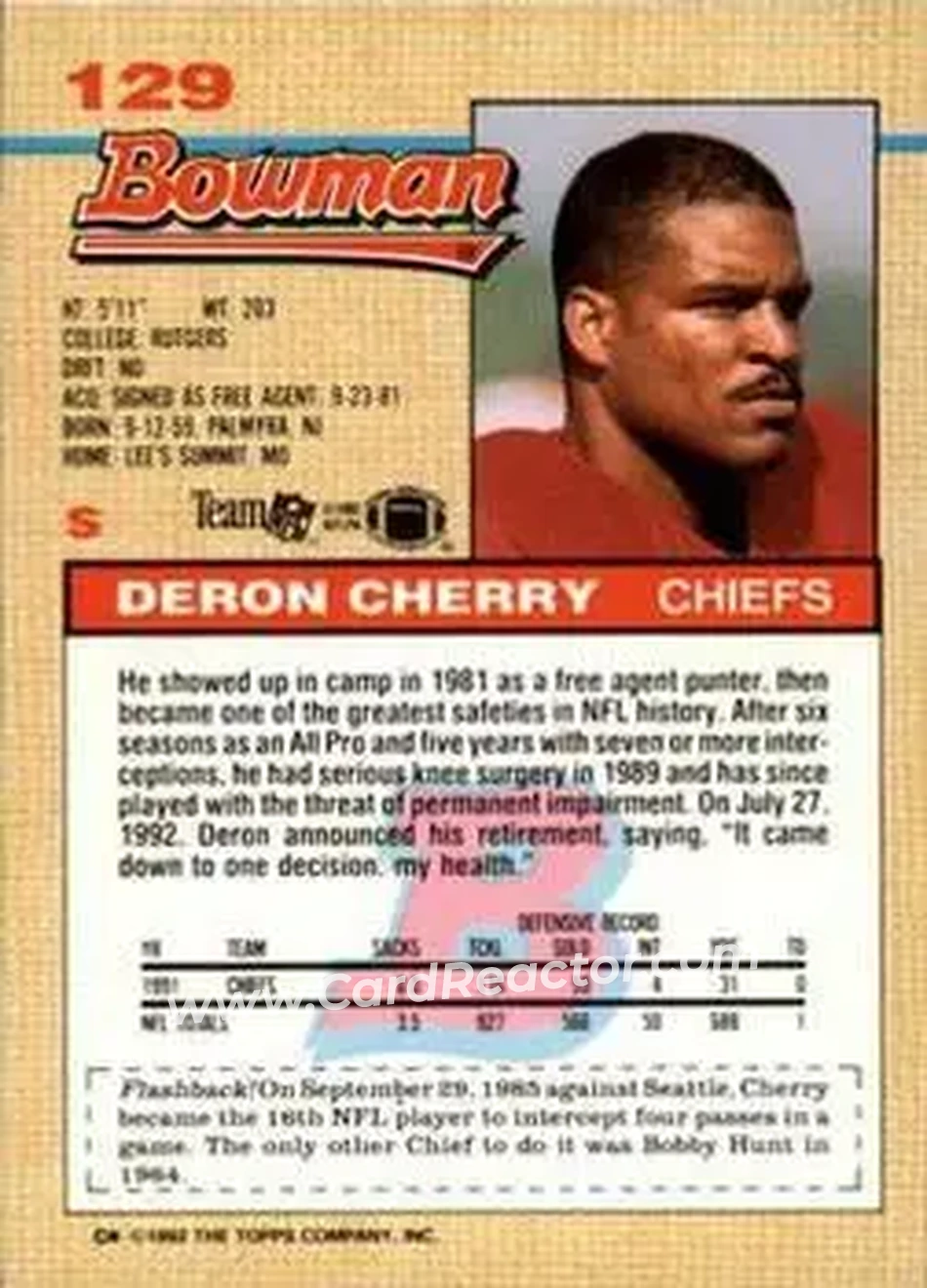 1992 Bowman #129 - Deron Cherry - Kansas City Chiefs - Back