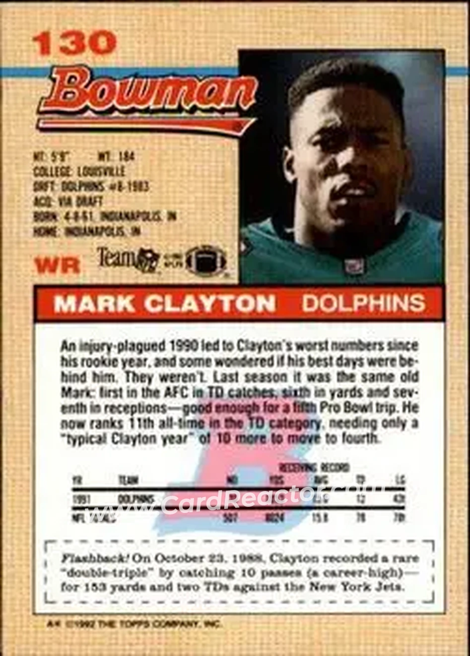 1992 Bowman #130 - Mark Clayton - Miami Dolphins - Back