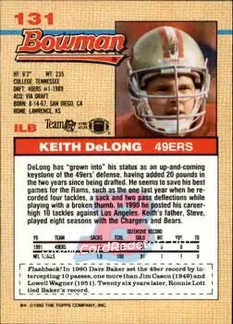 1992 Bowman #131 - Keith DeLong - San Francisco 49ers - Back 1992 Bowman #131 - Keith DeLong - San Francisco 49ers - Back