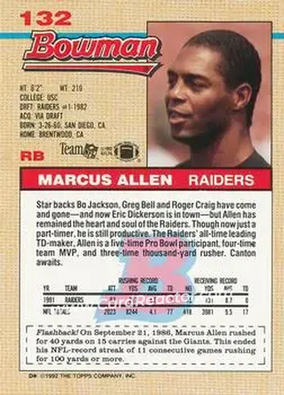 1992 Bowman #132 - Marcus Allen - Los Angeles Raiders - Back
