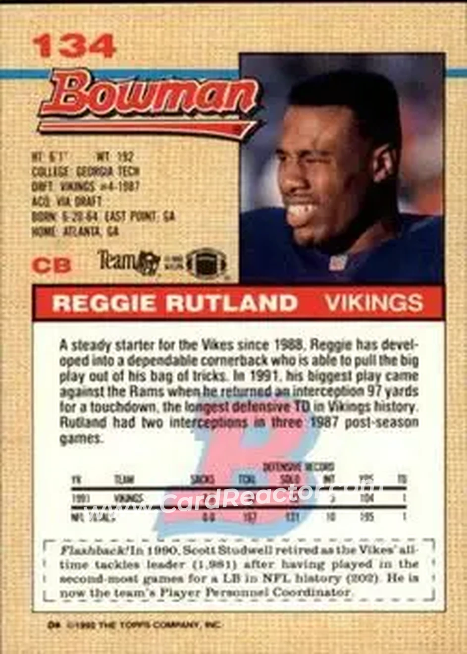 1992 Bowman #134 - Reggie Rutland - Minnesota Vikings - Back 1992 Bowman #134 - Reggie Rutland - Minnesota Vikings - Back