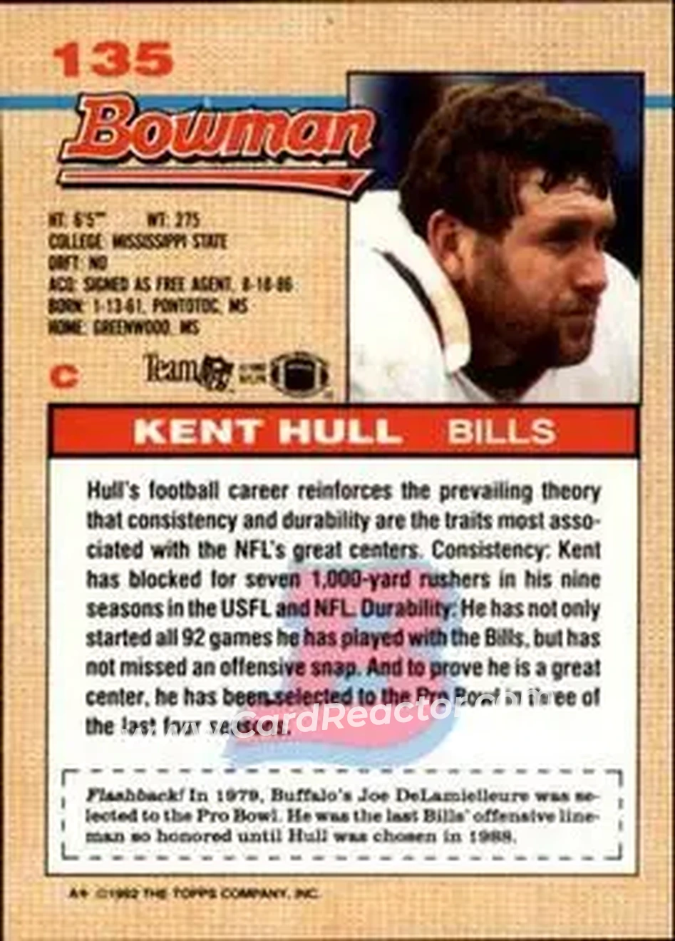 1992 Bowman #135 - Kent Hull - Buffalo Bills - Back