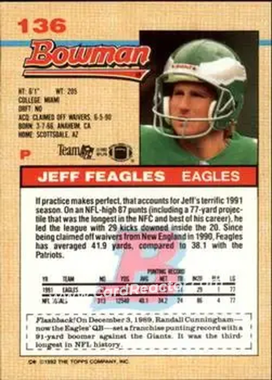 1992 Bowman #136 - Jeff Feagles - Philadelphia Eagles - Back
