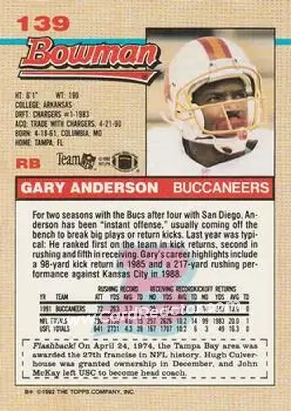 1992 Bowman #139 - Gary Anderson - Tampa Bay Buccaneers - Back