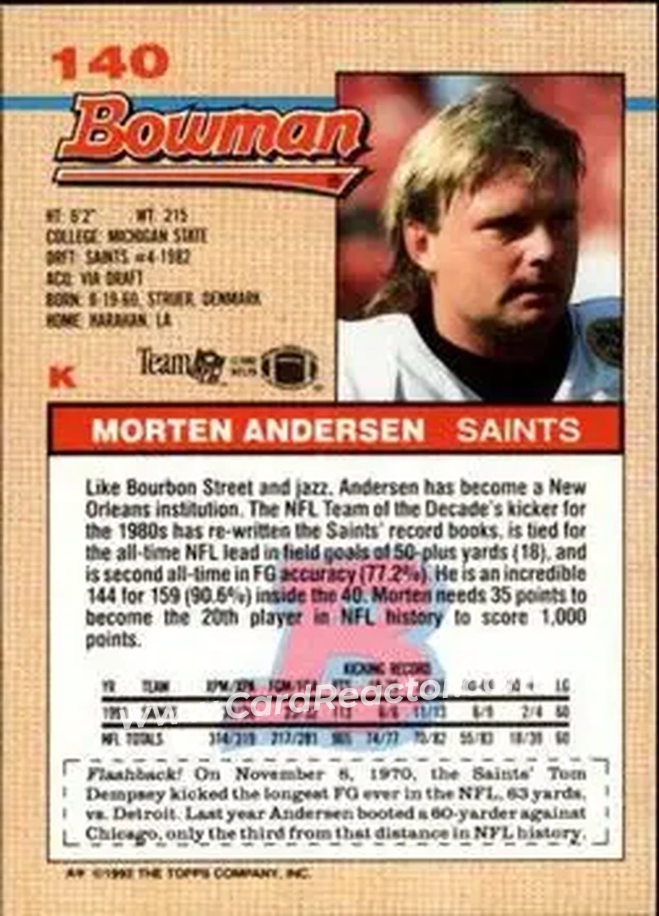 1992 Bowman #140 - Morten Andersen - New Orleans Saints - Back 1992 Bowman #140 - Morten Andersen - New Orleans Saints - Back