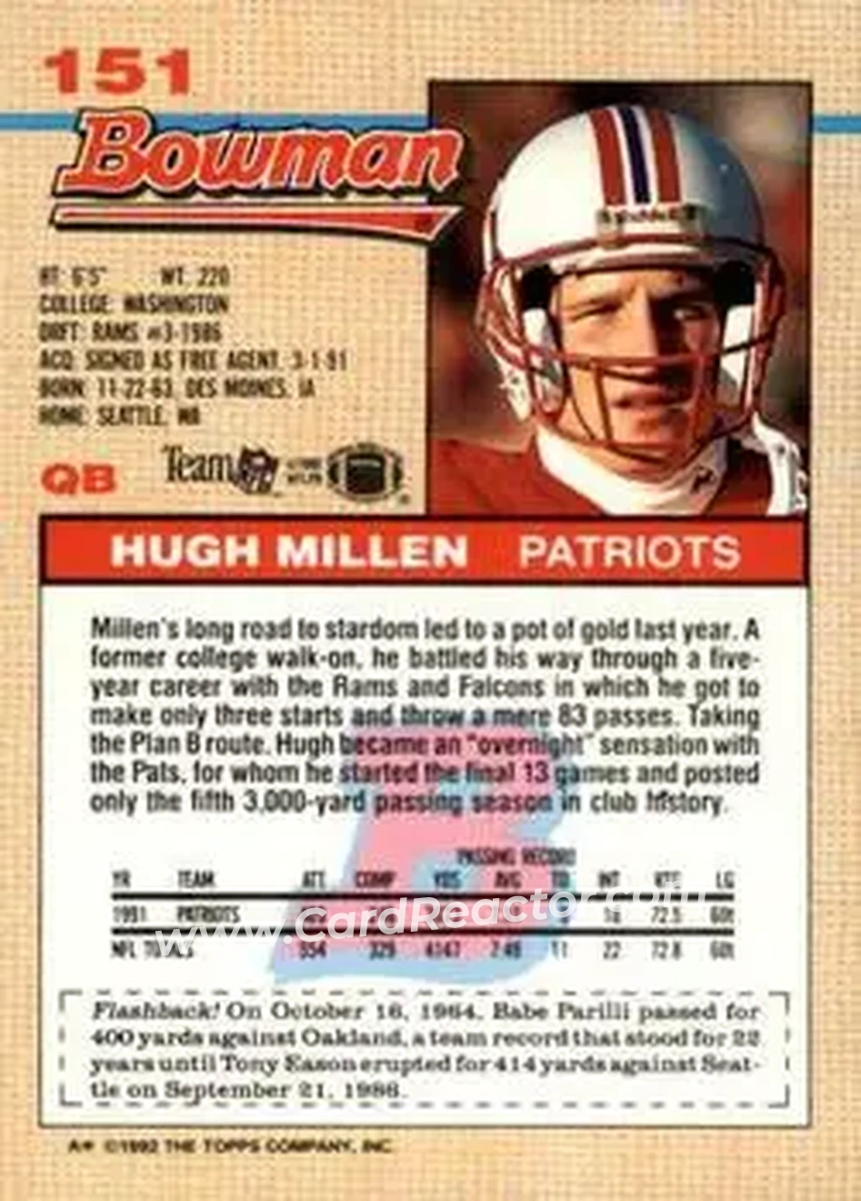 1992 Bowman #151 - Hugh Millen - New England Patriots - Back