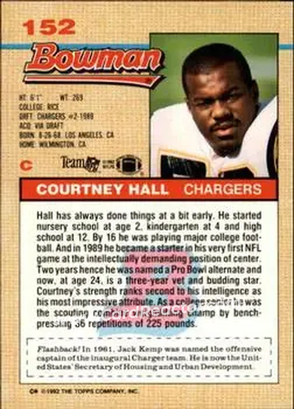 1992 Bowman #152 - Courtney Hall - San Diego Chargers - Back 1992 Bowman #152 - Courtney Hall - San Diego Chargers - Back