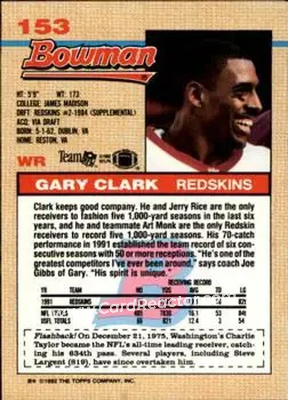1992 Bowman #153 - Gary Clark - Washington Redskins - Back
