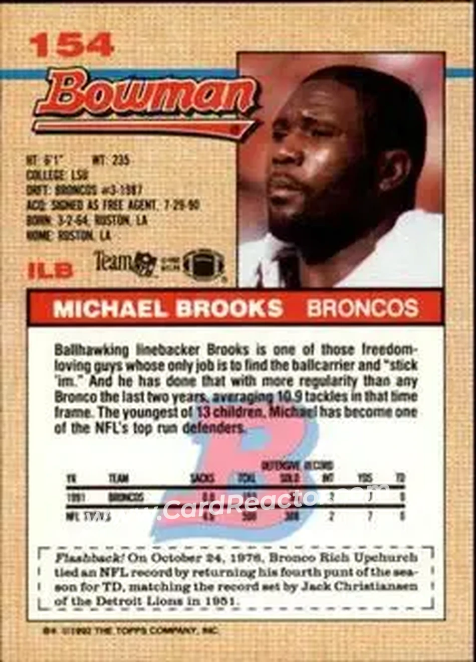 1992 Bowman #154 - Michael Brooks - Denver Broncos - Back 1992 Bowman #154 - Michael Brooks - Denver Broncos - Back