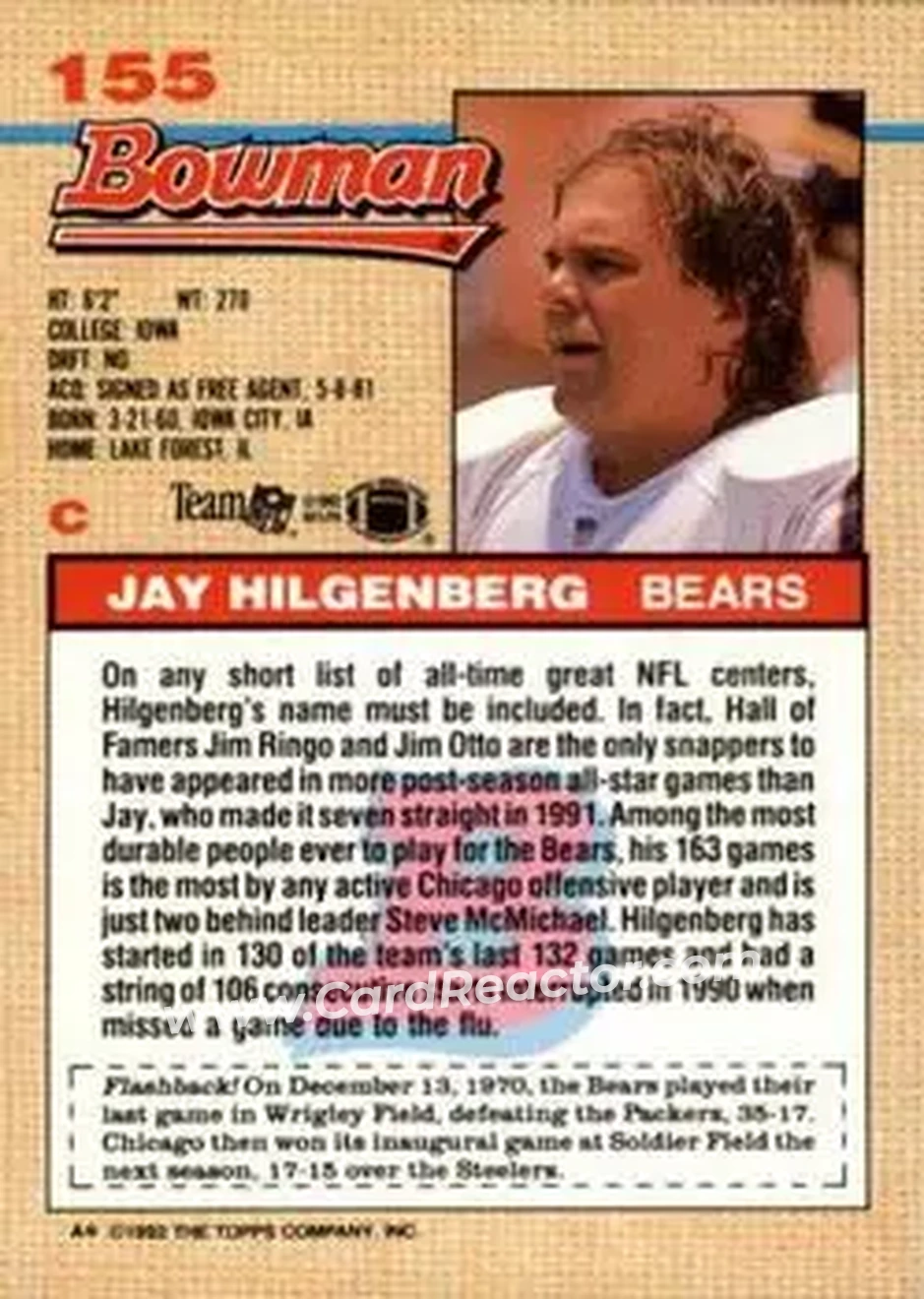 1992 Bowman #155 - Jay Hilgenberg - Chicago Bears - Back