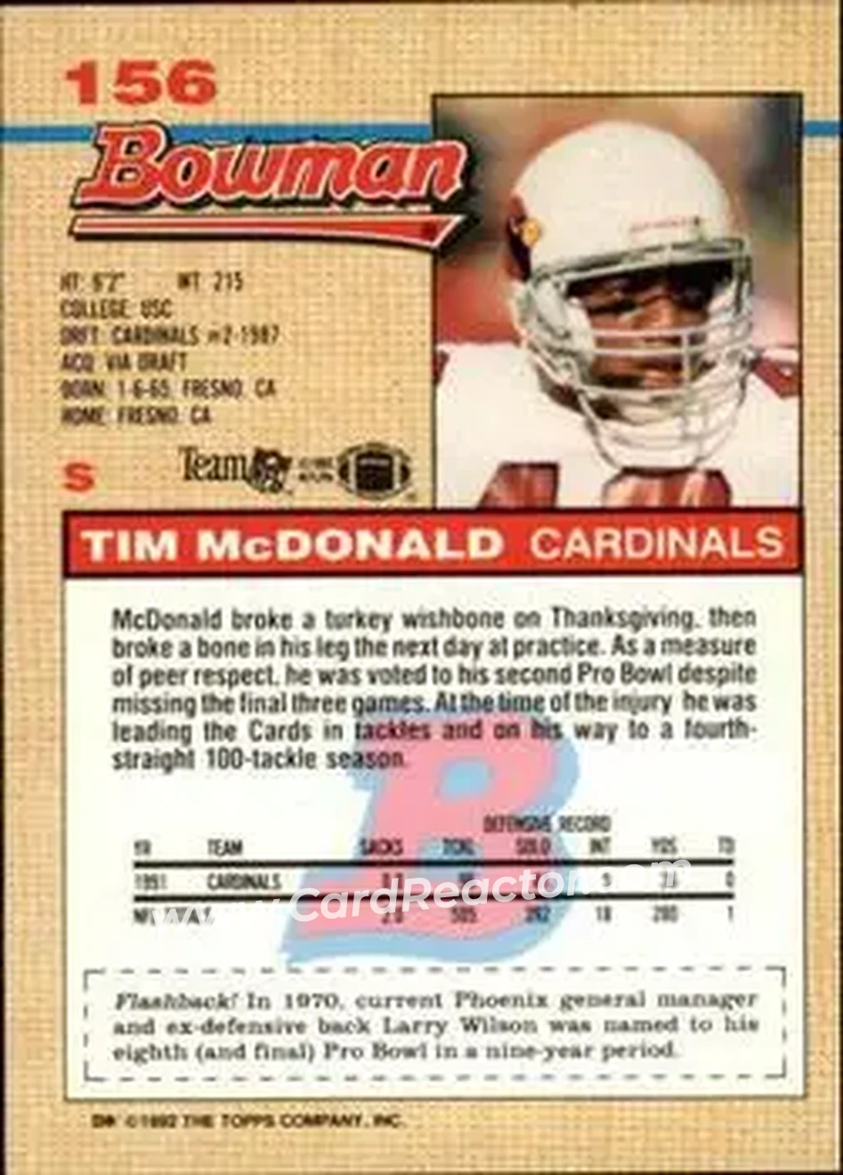 1992 Bowman #156 - Tim McDonald - Phoenix Cardinals - Back 1992 Bowman #156 - Tim McDonald - Phoenix Cardinals - Back