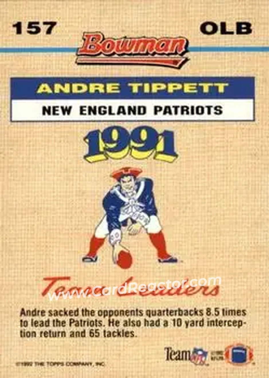 1992 Bowman #157 - Andre Tippett - New England Patriots - Back