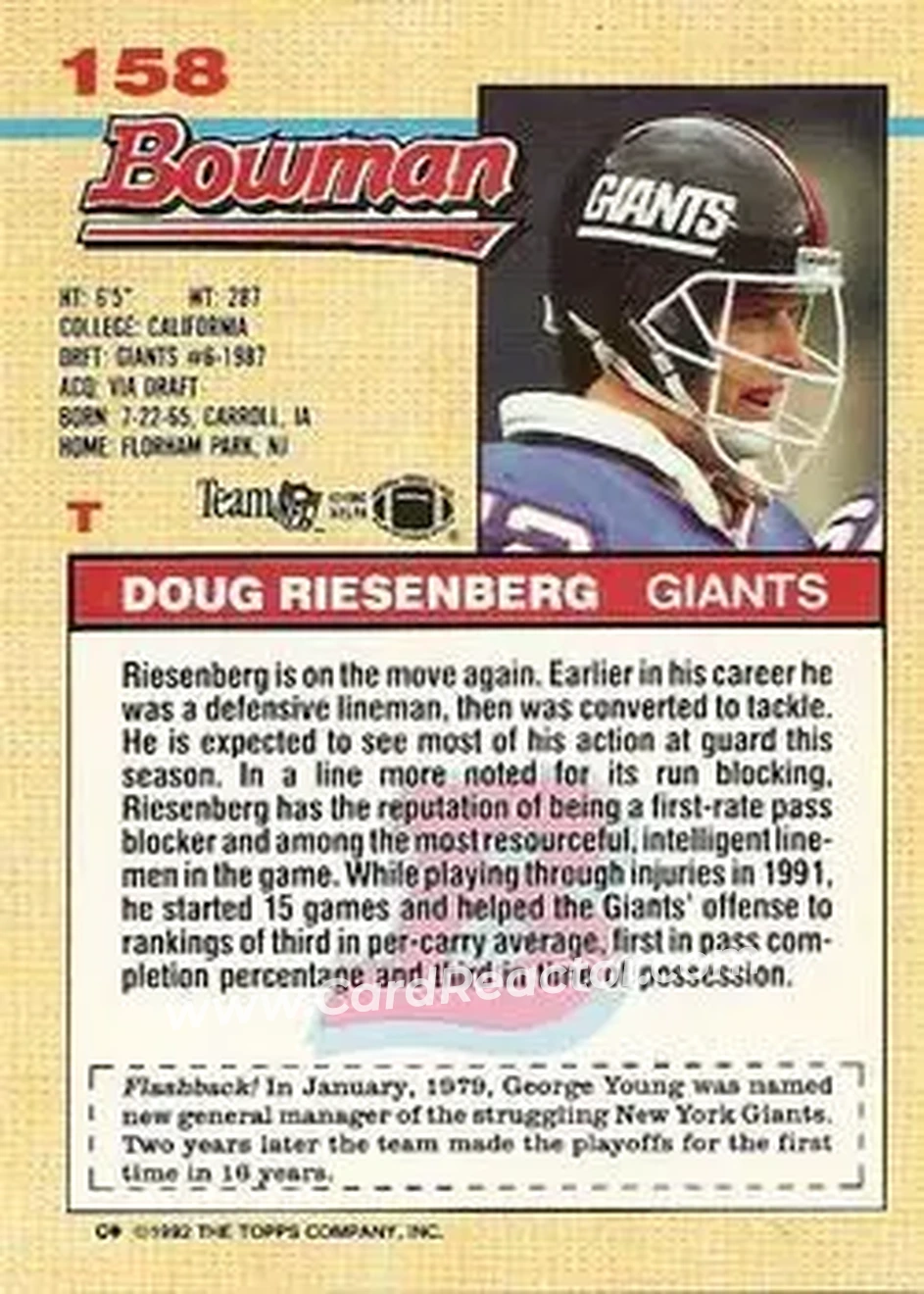 1992 Bowman #158 - Doug Riesenberg - New York Giants - Back