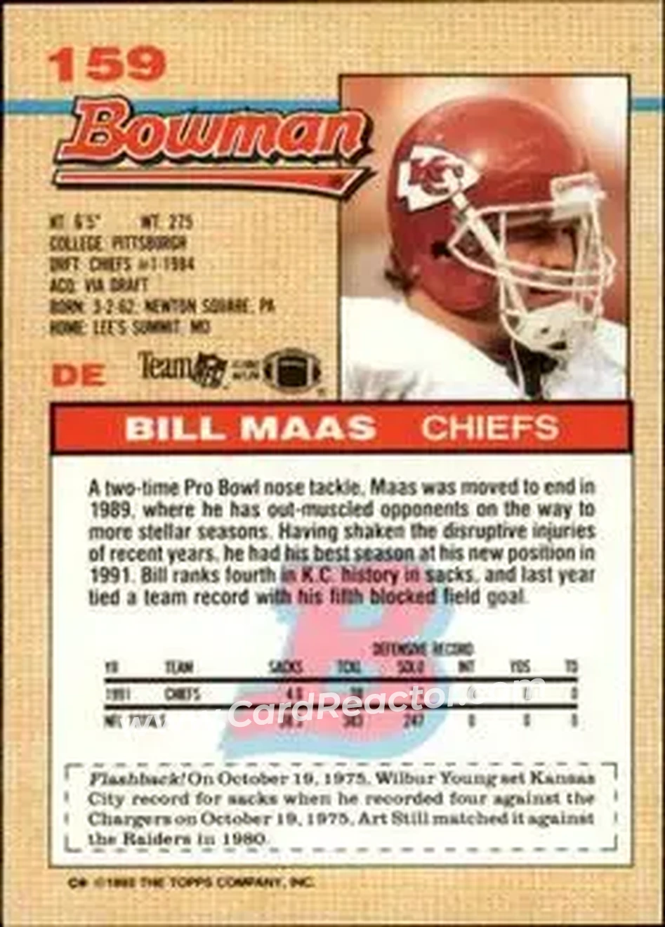 1992 Bowman #159 - Bill Maas - Kansas City Chiefs - Back