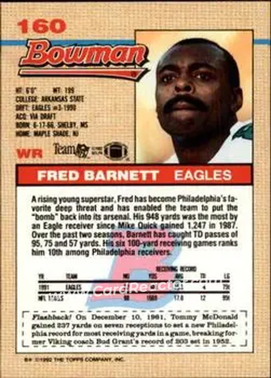 1992 Bowman #160 - Fred Barnett - Philadelphia Eagles - Back 1992 Bowman #160 - Fred Barnett - Philadelphia Eagles - Back