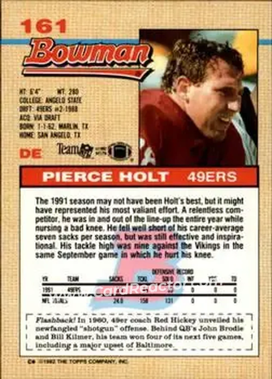 1992 Bowman #161 - Pierce Holt - San Francisco 49ers - Back