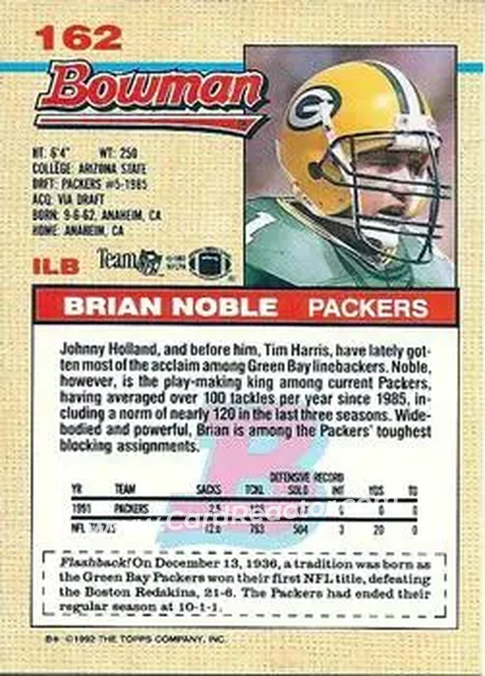 1992 Bowman #162 - Brian Noble - Green Bay Packers - Back 1992 Bowman #162 - Brian Noble - Green Bay Packers - Back
