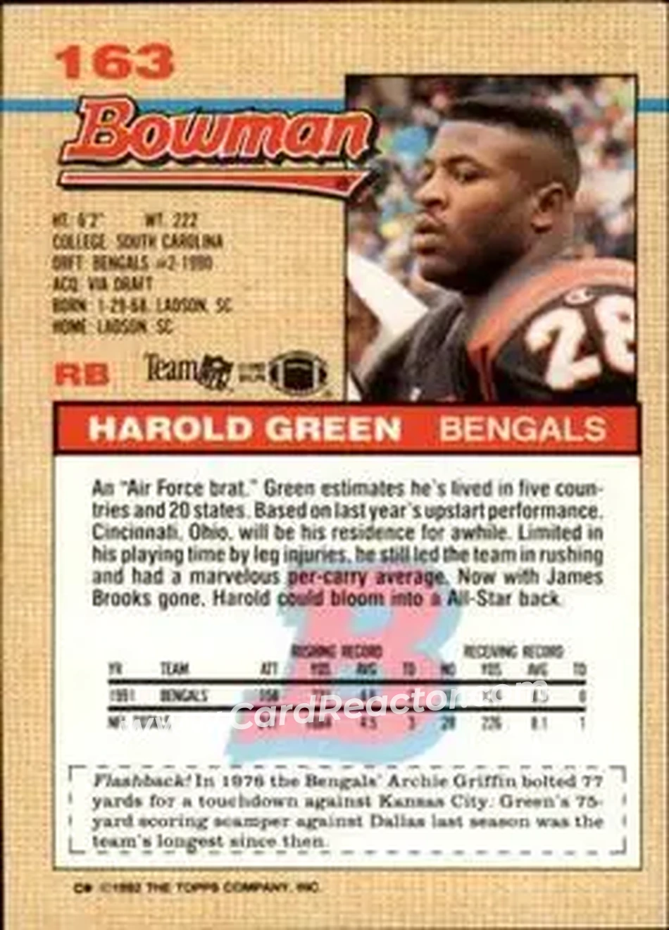 1992 Bowman #163 - Harold Green - Cincinnati Bengals - Back