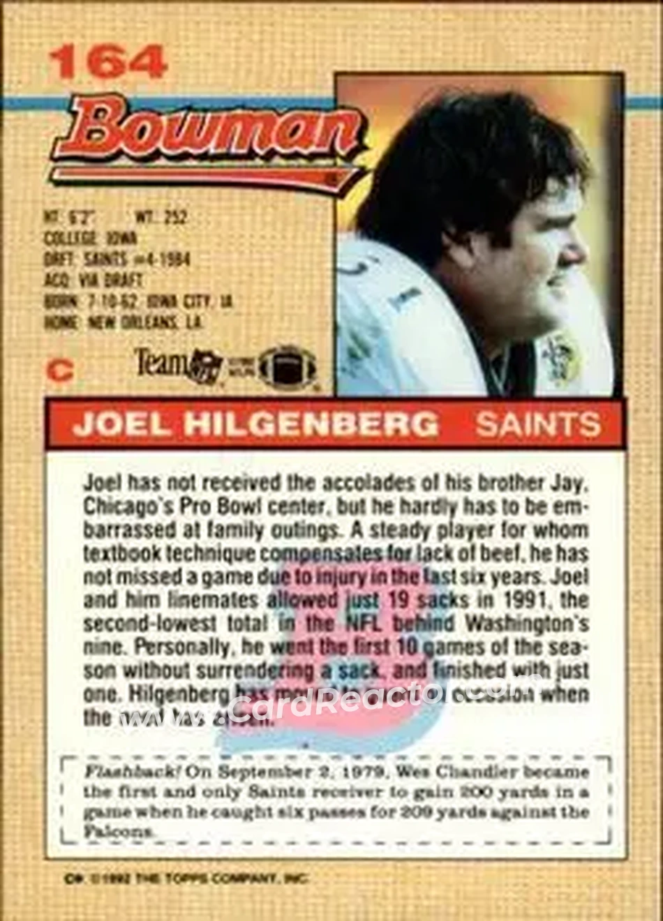 1992 Bowman #164 - Joel Hilgenberg - New Orleans Saints - Back